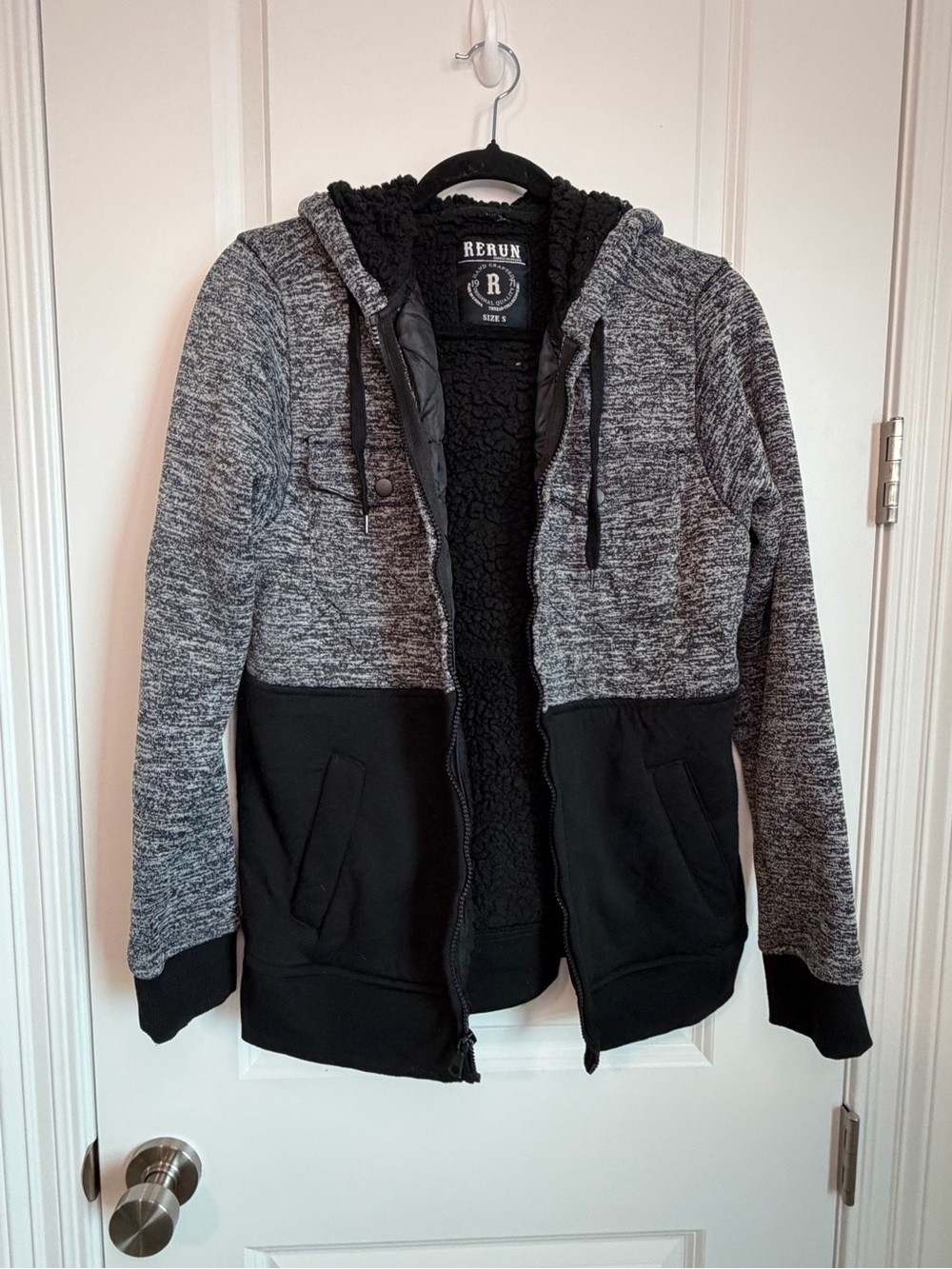 Two-Tone Gray & Black Sherpa-Lined Hooded Bomber Jacket